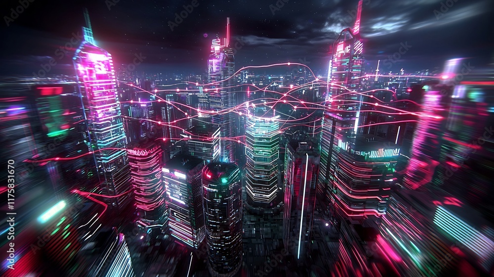 Poster pulsating streams of radiant digital energy and data currents coalescing to form a breathtaking city