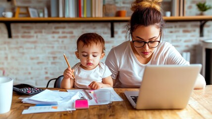 A mother assists her child with homework while using a laptop, showcasing a nurturing home environment and the balance of work and parenting.