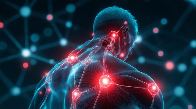 image of muscles with glowing red pain points, symbolizing trigger point discomfort