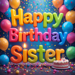 Fototapeta premium Happy Birthday Sister 3D HD image for wishing in vibrant colors, candles, balloons, confetti, cake, and digital background for the birthday celebration.