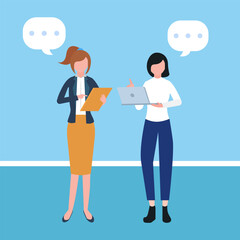 Professional conversation - Two business people woman and woman talking and having dialogue at work with speech bubbles. Flat design vector illustration on blue background