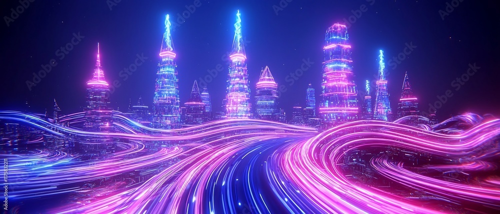 Poster luminous techno metropolis a futuristic digital landscape bathed in vibrant holographic illumination