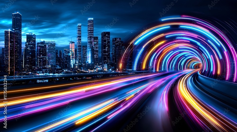 Poster mesmerizing cyberpunk inspired neon lit urban skyline with pulsing quantum signatures ethereal digit