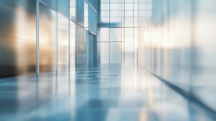 A stunningly blurred modern office interior in shades of gray and blue, with large panoramic windows and elegant glass partitions, bathed in the soft glow of sunset, minimalistic