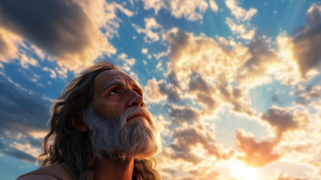 ull view of biblical Noah age 70 with shoulder length hair looking up toward a radiant sky