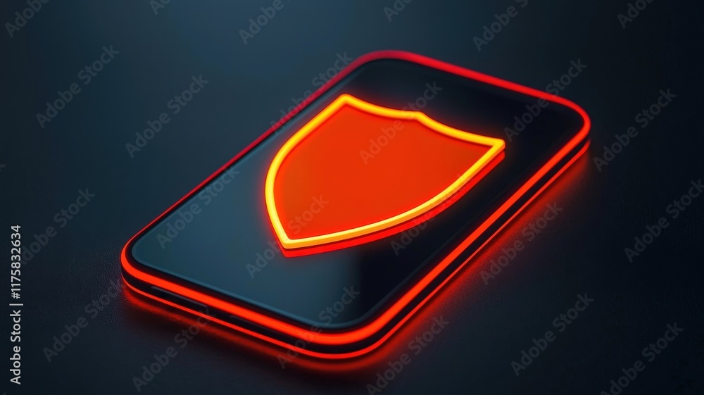 Poster a glowing shield icon on a sleek black device symbolizes security and protection in a digital contex