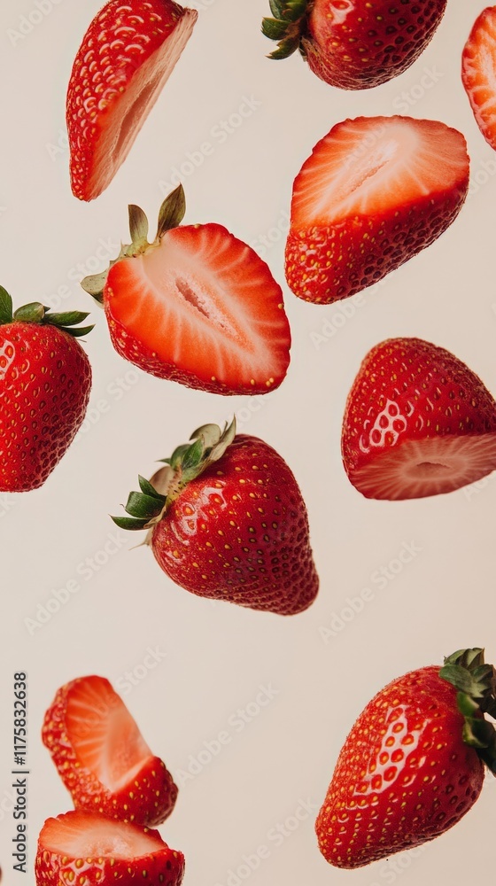 Poster ripe red strawberries and freshly cut slices levitating against a light beige backdrop, creating a v
