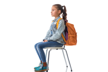 School-aged girl sitting on a chair in an educational environment, highlighting her focus on academics isolated on transparent background