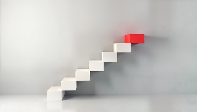 Abstract 3D render shows stairs. White steps lead upward. Red step stands out as next step. Modern design emphasizes progress, success. Blank space for product placement. Ideal for growth concepts.