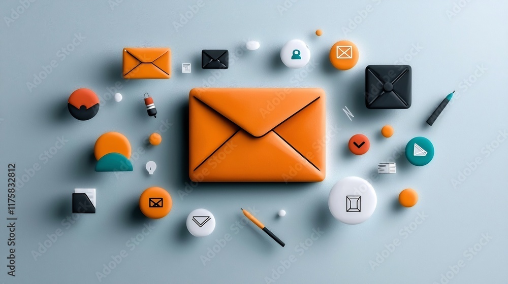 Poster interconnected digital communication symbols mail sign hand drawn user icons and abstract minimalist