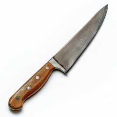 A rustic, handcrafted chef's knife with a wooden handle and a worn, steel blade.