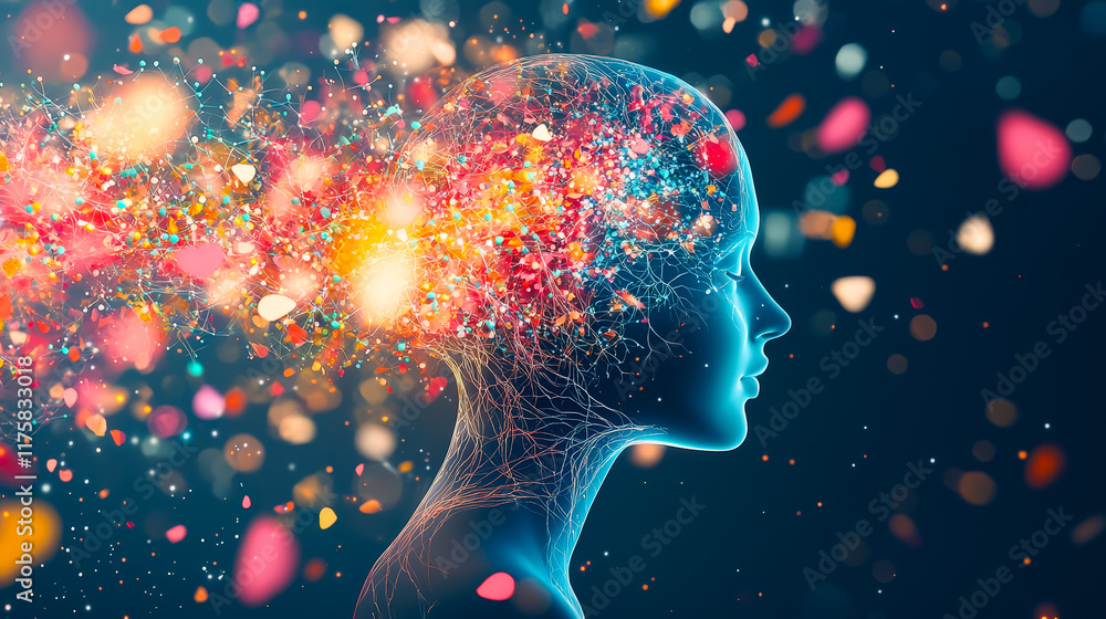 Poster exploring the interplay of thoughts and emotions in a digital art representation of a human mind