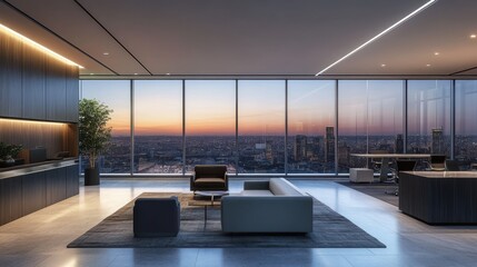 Fototapeta premium A stunningly blurred modern office interior in shades of gray and blue, with large panoramic windows and elegant glass partitions, bathed in the soft glow of sunset, minimalistic