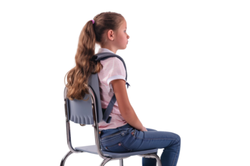 A young student seated on a chair in a classroom setting, symbolizing education and learning opportunities isolated on transparent background