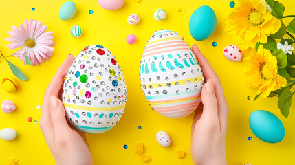 Creative decoration of Easter eggs on a vibrant yellow background with colorful embellishments and flowers