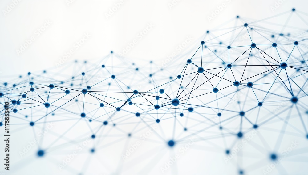 Poster abstract illustration shows complex network of interconnected points. blue spheres, thin black lines