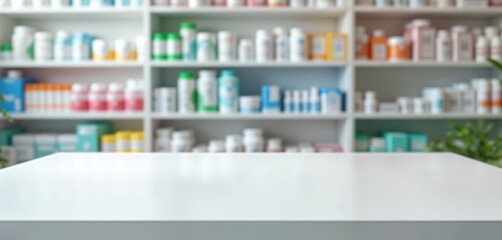 Empty white table in pharmacy. Colorful medicine containers blurred in background. Store interior visible. Healthy product displays out of focus. Pharmaceutical products neatly organized. Table ready