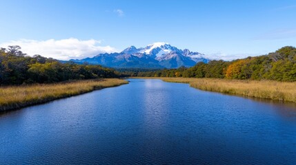 Serene River Leading to Snowy Mountain Aerial Composition, Patagonia Landscape, Nature Photography, Autumn Scenery Patagonia, Aerial Photography
