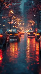 Rainy Traffic with Colorful Reflections and Glowing Car Lights
