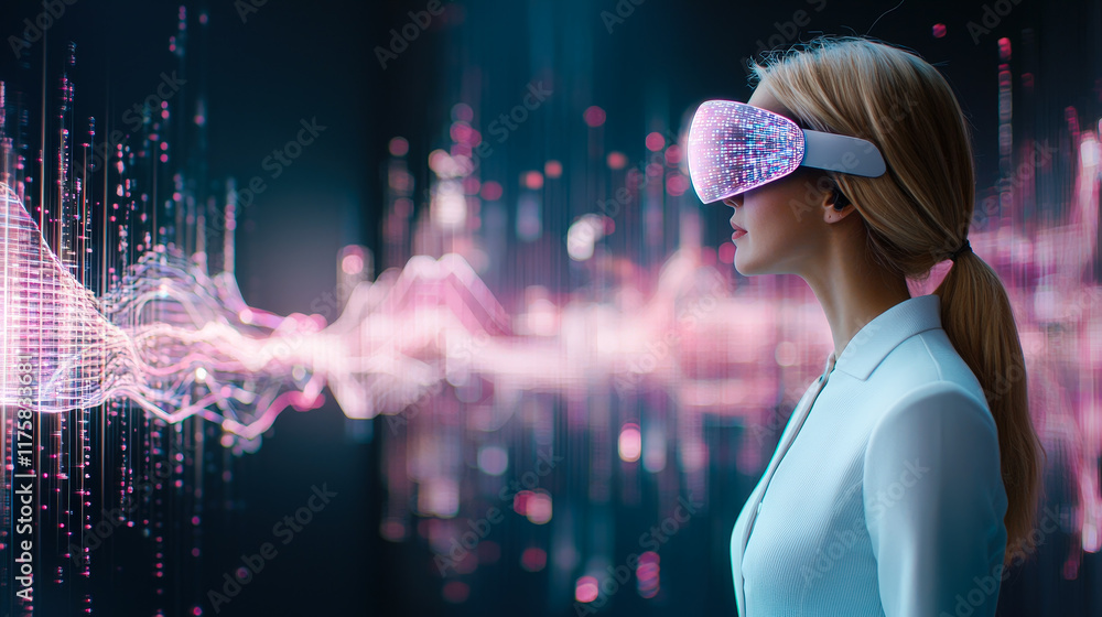 Poster woman wearing virtual reality headset interacts with a digital sound wave display in a futuristic en
