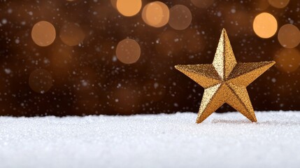 Golden Glittering Star in Snowy Scene with Bokeh Lights, Christmas, Holiday Christmas, winter