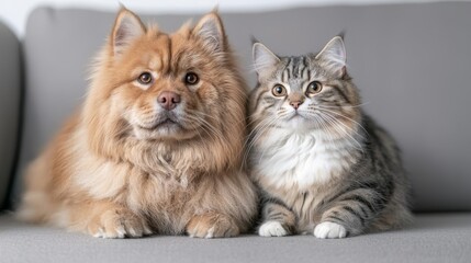Fototapeta premium Fluffy Friends Close-up Portrait of a Pomeranian Dog and Siberian Cat on a Gray Sofa, pet photography, animals Pet Photography, Animal Portrait