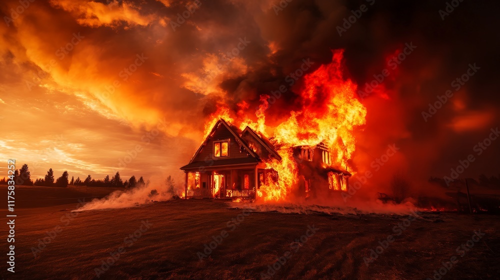 Poster dramatic scene capturing a house engulfed in flames during a vibrant sunset, showcasing the devastat