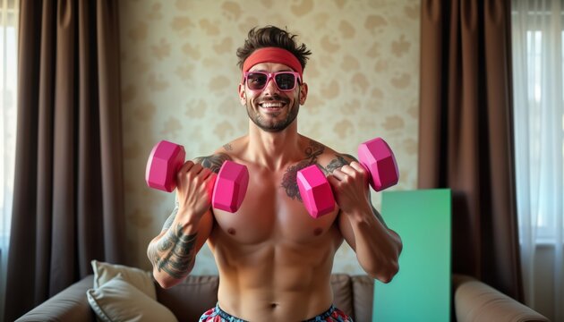Stylish man with tattoos, pink sunglasses home workout with dumbbells. Smiling, looks happy. In living room. Recording fitness vlog workout tutorial. Showing off biceps. Wearing headband. Concept