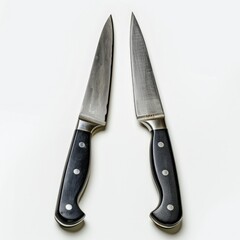 Two sharp kitchen knives with black handles, placed V-shaped on a white background.