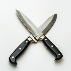 Obraz premium Two kitchen knives with black handles crossed on a white background.