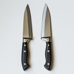 Two identical kitchen knives with black handles and slightly damaged blades are placed side by side on a white background.