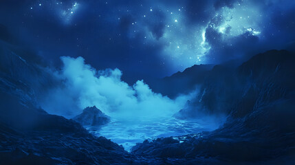 Fototapeta premium Ethereal Enchantment: Kawah Ijen's Blue-Green Crater Lake Under Starlit Indonesian Sky