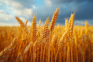 Fototapeta premium Photo réaliste d’un champ de blé doré sous un ciel orageux