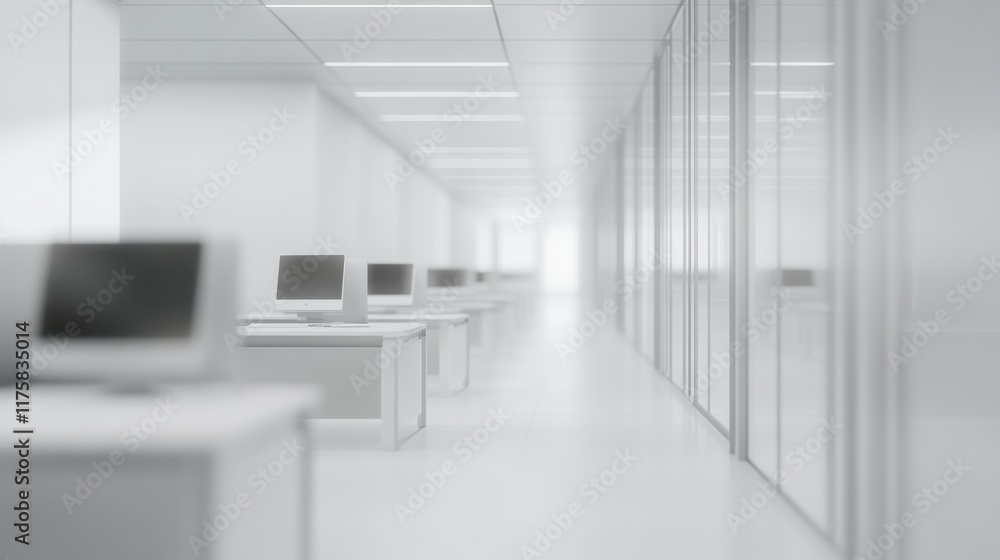 Poster blurred office interior with white walls, white floor and rows of computer tables. mock up