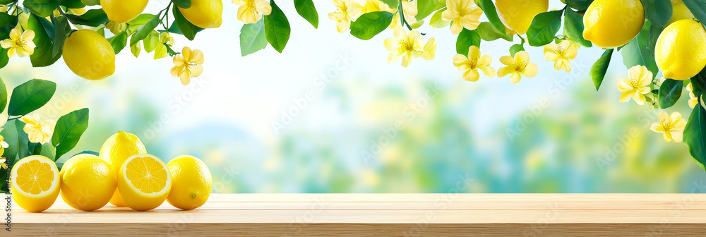 Poster bright lemon display with flowers and foliage set against a serene blurred background