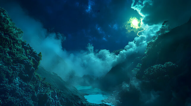 Ethereal Enchantment: Kawah Ijen's Blue-Green Crater Lake Under Starlit Indonesian Sky