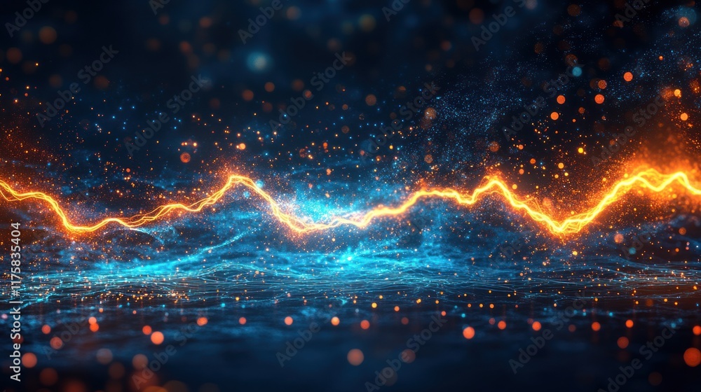Poster abstract energy waves with glowing orange and blue lights creating dynamic visual effects in a dark 