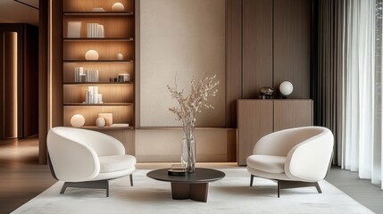 Modern living room interior, minimalist design, warm wood tones, built-in shelving unit, cream armchairs, metallic accents, large window, natural light, dried floral arrangement, neutral color palette