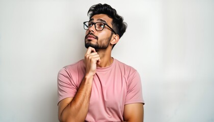 Obraz premium Young hispanic man looks thoughtful, uncertain. Light pink t-shirt, eyeglasses. Studio photo against plain white background. Man contemplating decision with multiple options. Appears puzzled,