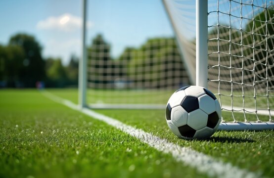 Soccer ball resting near soccer goal on green field. Sunny day on a recreation field. Daytime sport activity. Good for sports news websites or social media.