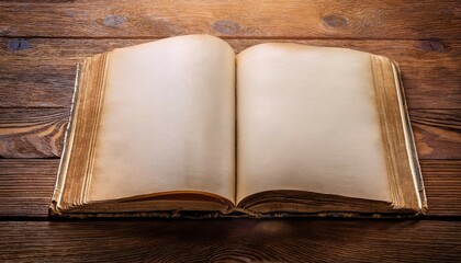 open vintage book with blank pages on a rustic wooden table perfect for background or text overlay in historical or literary themed projects