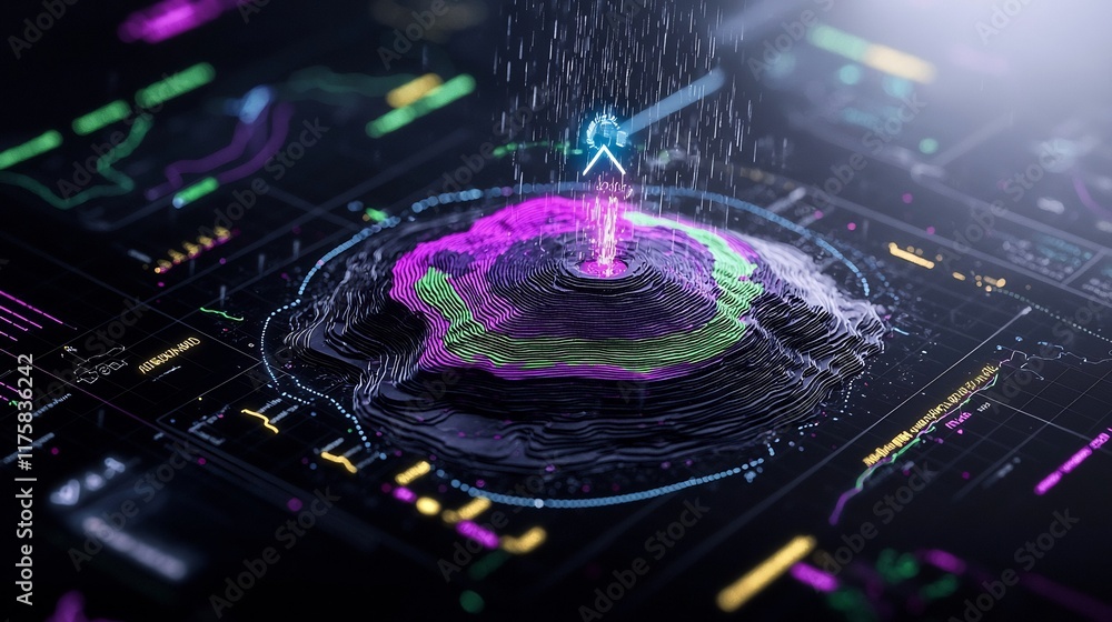 Poster captivating cartographic representation of weather data depicting a detailed topographic rainfall la