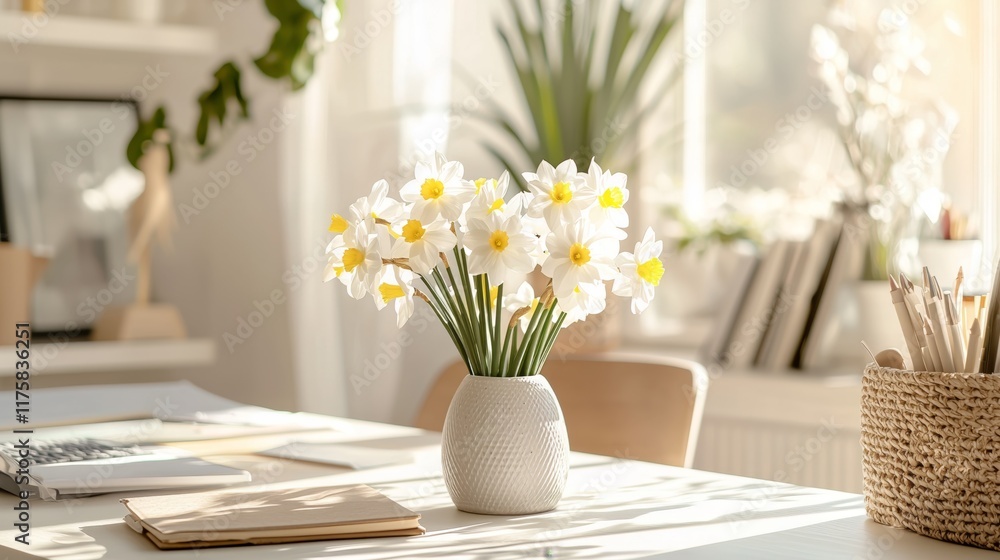 Wall mural bouquet of daffodils in a vase in a bright room on a table