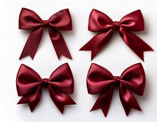 four elegant maroon bows on a white isolated background white background
