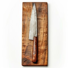 A handcrafted chef's knife with a dark wood handle rests on a rustic wooden cutting board.