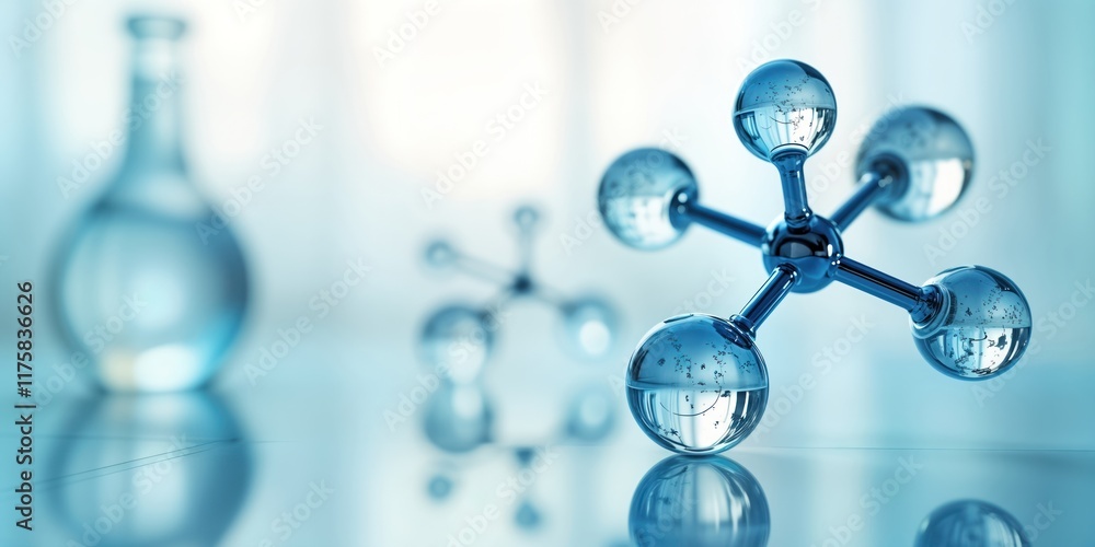 Poster abstract image of glass molecule model. glass spheres connect with metallic rods. shiny surfaces ref