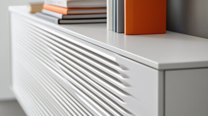 Modern white sideboard with grooved design and books.