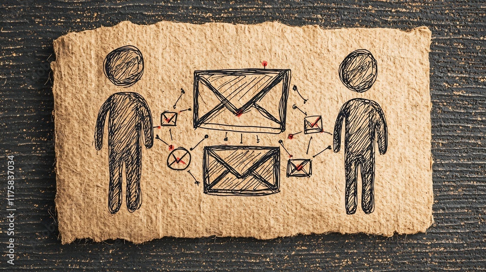 Poster abstract depicting a transnational virtual networking concept featuring quirky doodle figures connec