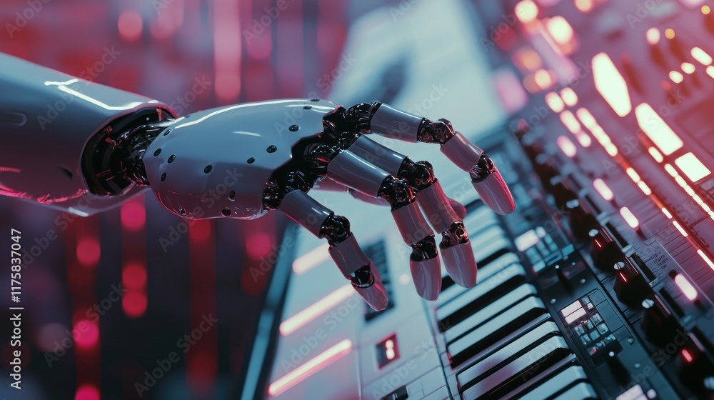 Aufkleber ai musician: a robotic hand playing a synth in a futuristic setting