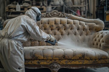 Worker in protective gear cleanings an old, dusty sofa in a workshop setting, demonstrating furniture restoration techniques.